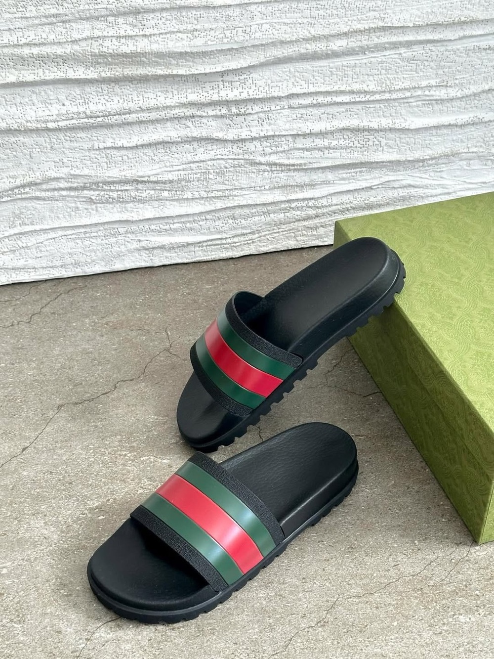 Gucci Black Slides with Green and Red Web Stripe